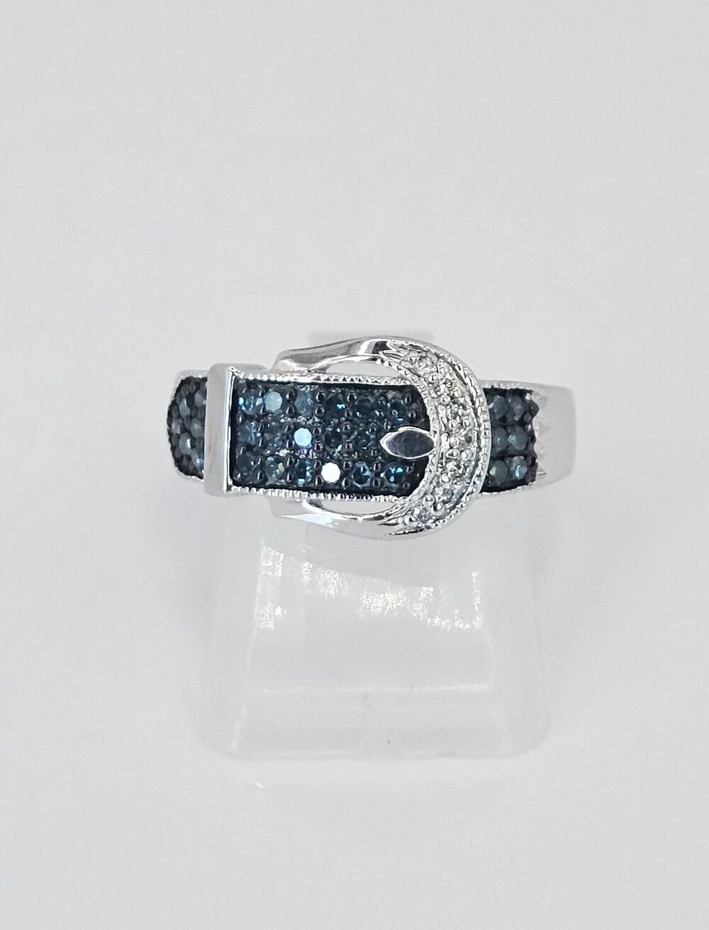 Natural Blue & White Diamond Buckle Ring Sterling Silver Sz 7!